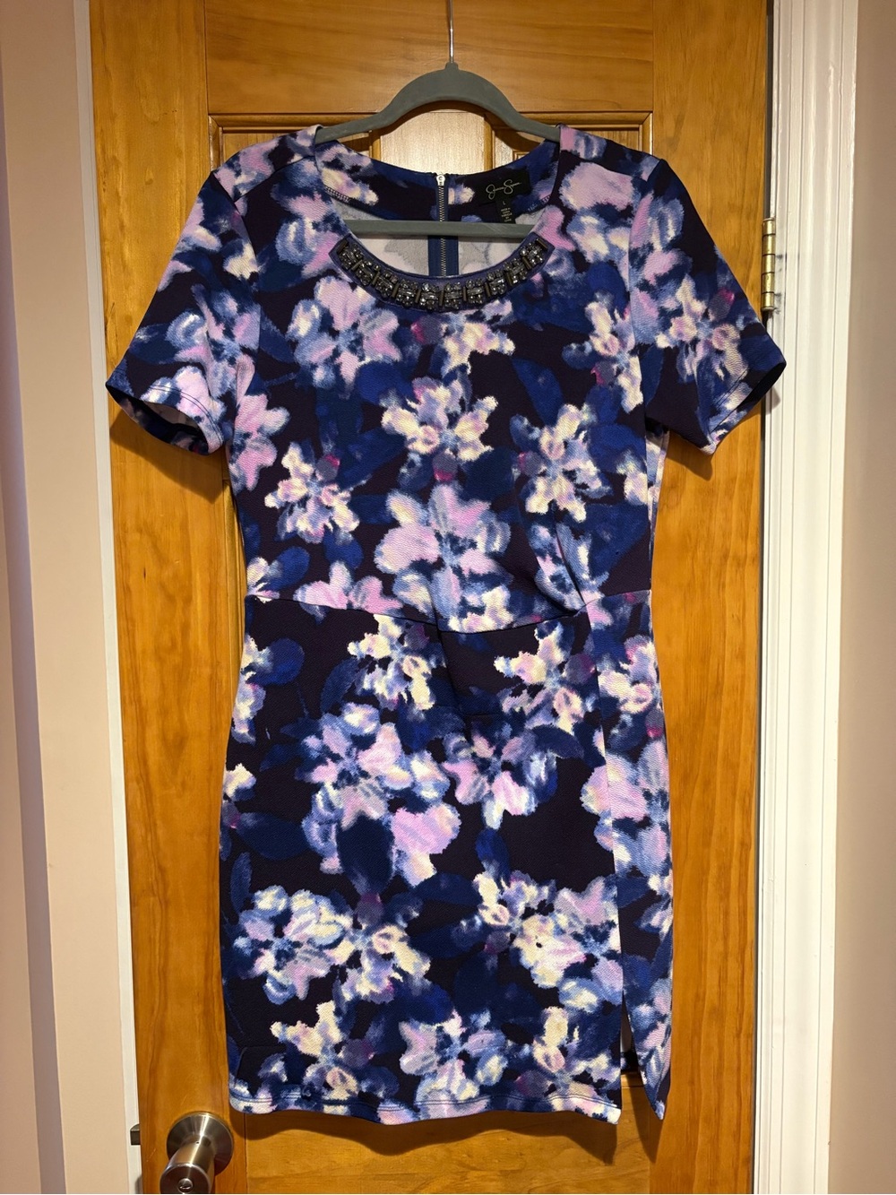Jessica Simpson Navy Floral Jewel-Neck Sheath Dress